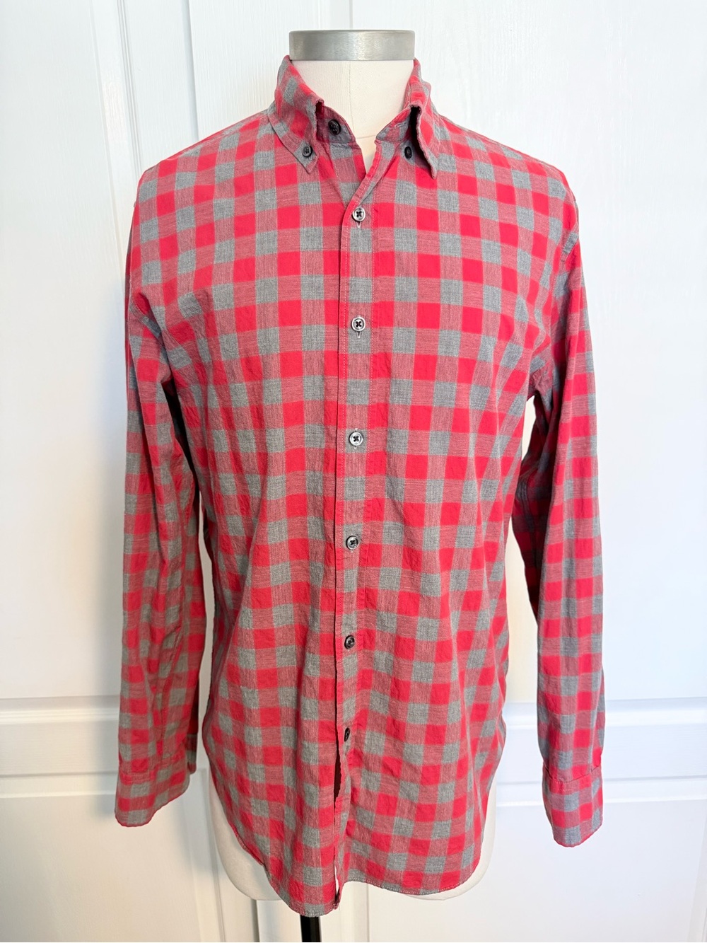 J. Crew Coral and Gray Plaid Button-Down Shirt